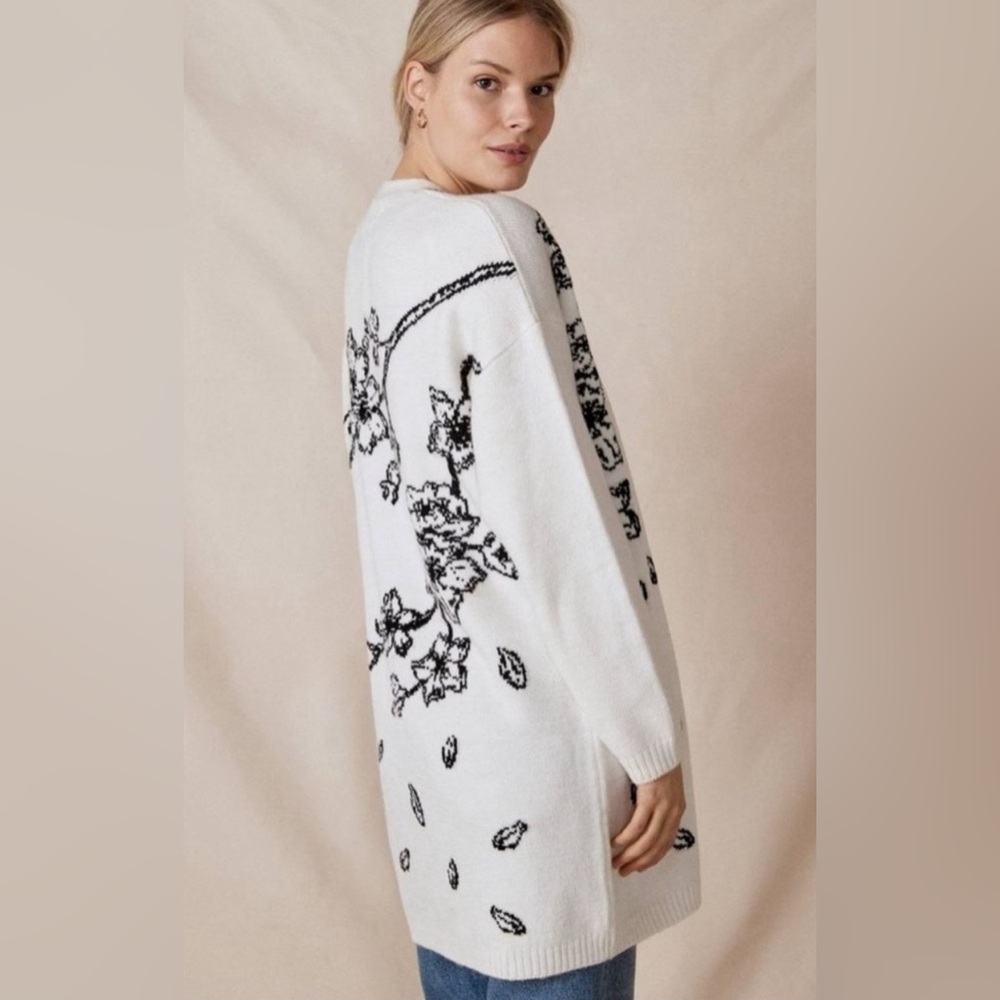 Anthropologie White Cardigan with Black Floral Embroidery - Picture 2 of 11